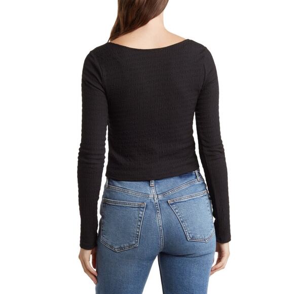 Kirious Nordstrom Top Womens M Black Tie Front Cinch Sweetheart Neck Long Sleeve - Picture 12 of 12